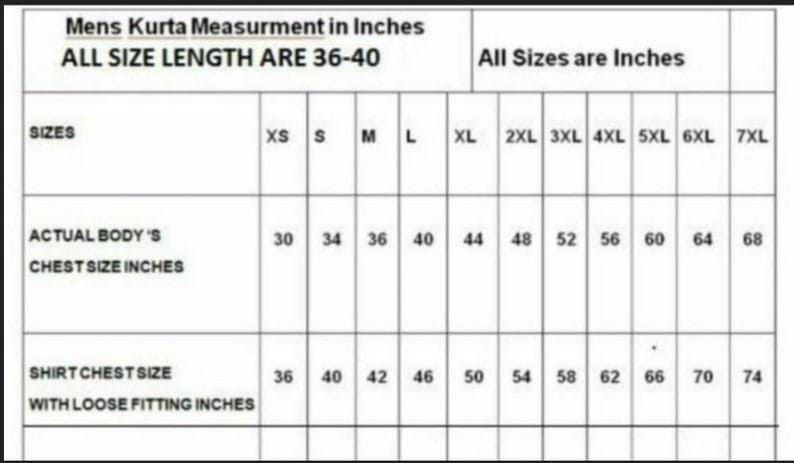 May include: A size chart for men's kurtas, showing measurements in inches for chest size and shirt chest size with loose fitting. The chart includes sizes from XS to 7XL.