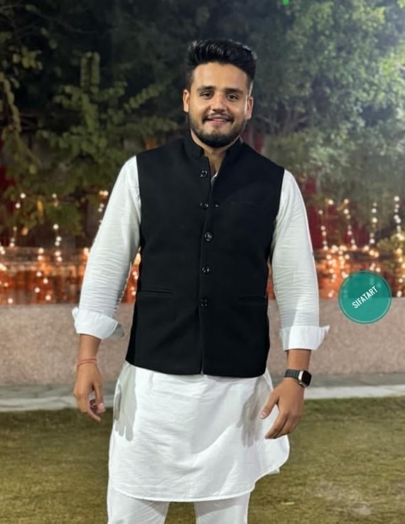 White kurta with black button sale