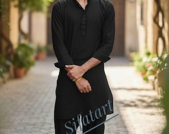 Handmade Men's Black Shalwar Kameez: Pakistani Style Outfit