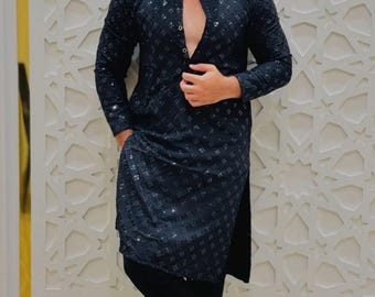 Men's Black Chikankari Kurta Pyjama Set: Mirror Work Embroidered Indian Suit