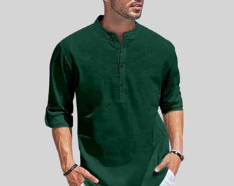 Men's Designer Shirt ,Short Cotton kurta,Wedding Fancy Kurta Indian Ethnic kurta,Traditional Kurta, Organic cotton kurta for Men dark green