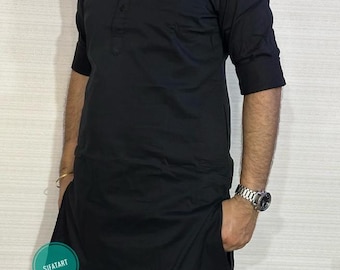 Kurta de algodón negro: camisa tradicional india para hombre hecha a mano