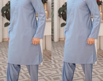 Kurta para hombre con traje Shalwar, top hecho a mano con pantalones, conjunto de traje de fiesta, conjunto kameez Salwar, color sólido, azul, talla grande y color disponible