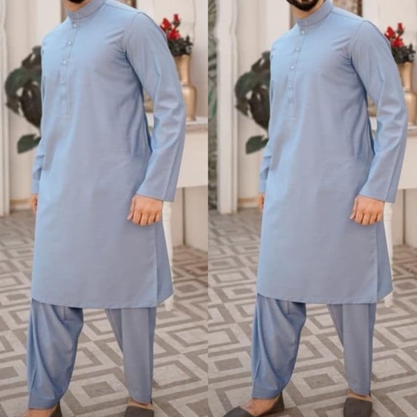 Men's Kurta With Shalwar Suit Handmade Top With Pants Set Party Wear Suit kameez Salwar Set Solid Color Blue Plus size And Colour Available