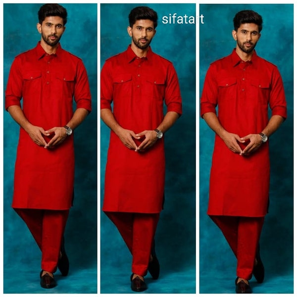 Men's Kurta With pajama Suit Handmade Top With Pants Set, Party Wear Kurta, pajama Set,Solid Color Red  Plus size Available