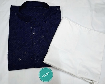 Conjunto de pijama kurta chikankari azul para hombre: atuendo de boda indio con efecto espejo