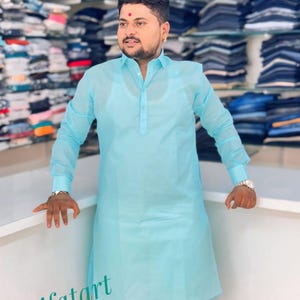 Men Kurta Pajama for Men, Casual Long Kurta Pyjama, Designer Kurta Pajama For Mens, Handmade sky blue Kurta Pyjama in Fancy Designs SOK
