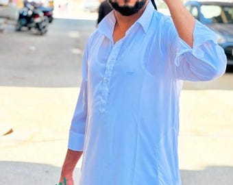 Handmade White Cotton Kurta Salwar: Men's Pakistani Kameez Shalwar