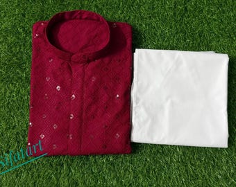 Set pigiama Kurta Chikankari marrone da uomo: abbigliamento etnico indiano ricamato a mano