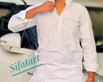 Handmade White Cotton Pathani Kurta: Men's Ethnic Wedding Wear