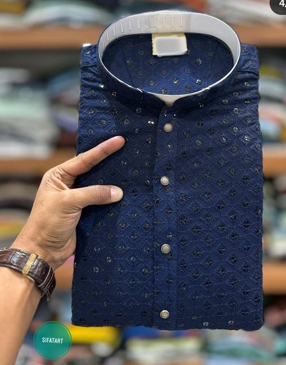 Navy Blue Chikankari Kurta Pajama Set: Mirror Work Indian Wedding Outfit