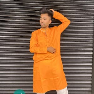 Handmade Orange Cotton Kurta Pajama Set: Indian Wedding Kurta