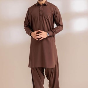 Men&#39;s Brown Cotton Kameez Shalwar: Pakistani Indian Outfit