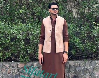 Men's Handmade Cotton Kurta Shalwar Suit: Brown Kameez Salwar