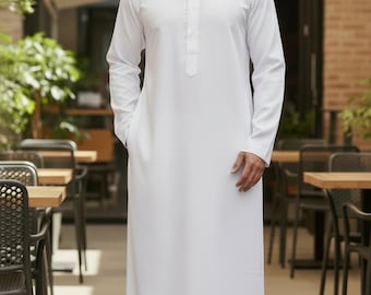 Thobe blanco de algodón orgánico para hombre: Hajj Umrah Thawb Kaftan