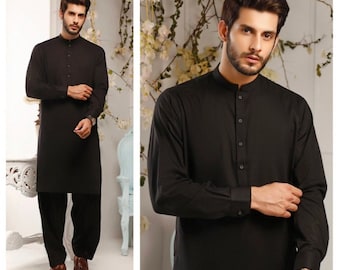 Men's Kurta With Shalwar Suit Handmade Top With Pants Set, Party Wear Kurta,kameez Salwar Set,Solid Color Black  Plus size Available