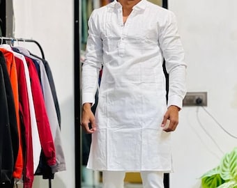 Kurta indiano in cotone fatto a mano: Kurta da sposa bianco tinta unita