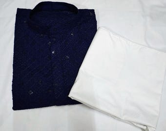Conjunto de pijama Chikankari Kurta azul marino: traje de boda indio con trabajo de espejo