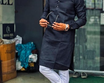 Handmade Black Cotton Kurta Pajama Set: Party Wear Suit