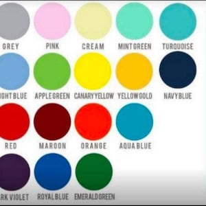 May include: A color chart with 24 different colors, including white, grey, pink, cream, mint green, turquoise, black, lilac, light blue, apple green, canary yellow, yellow gold, navy blue, fuchsia, red, maroon, orange, aqua blue, dark violet, royal blue, emerald green.