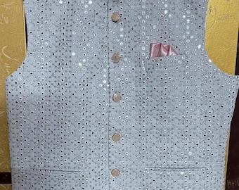 Chaqueta Nehru de georgette bordada: chaleco de boda indio para hombre