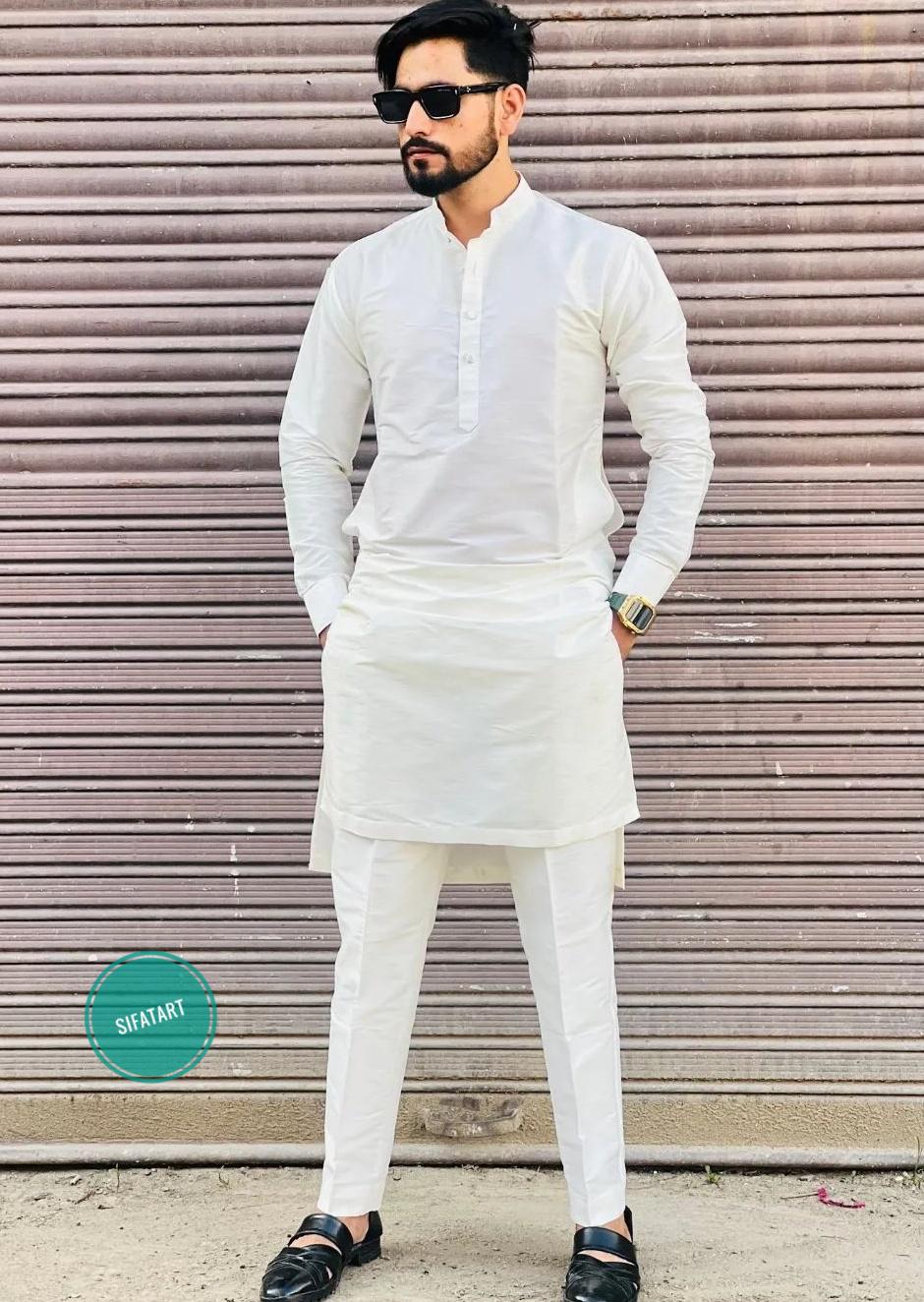 Men haf White Kurta Pajama for Men Casual Long Kurta Pyjama Designer Kurta Pajama For Mens Handmade Indian haf White kurta pajama set