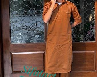 Handmade Cotton Pathani Kurta Shalwar Suit: Brown Kameez Salwar