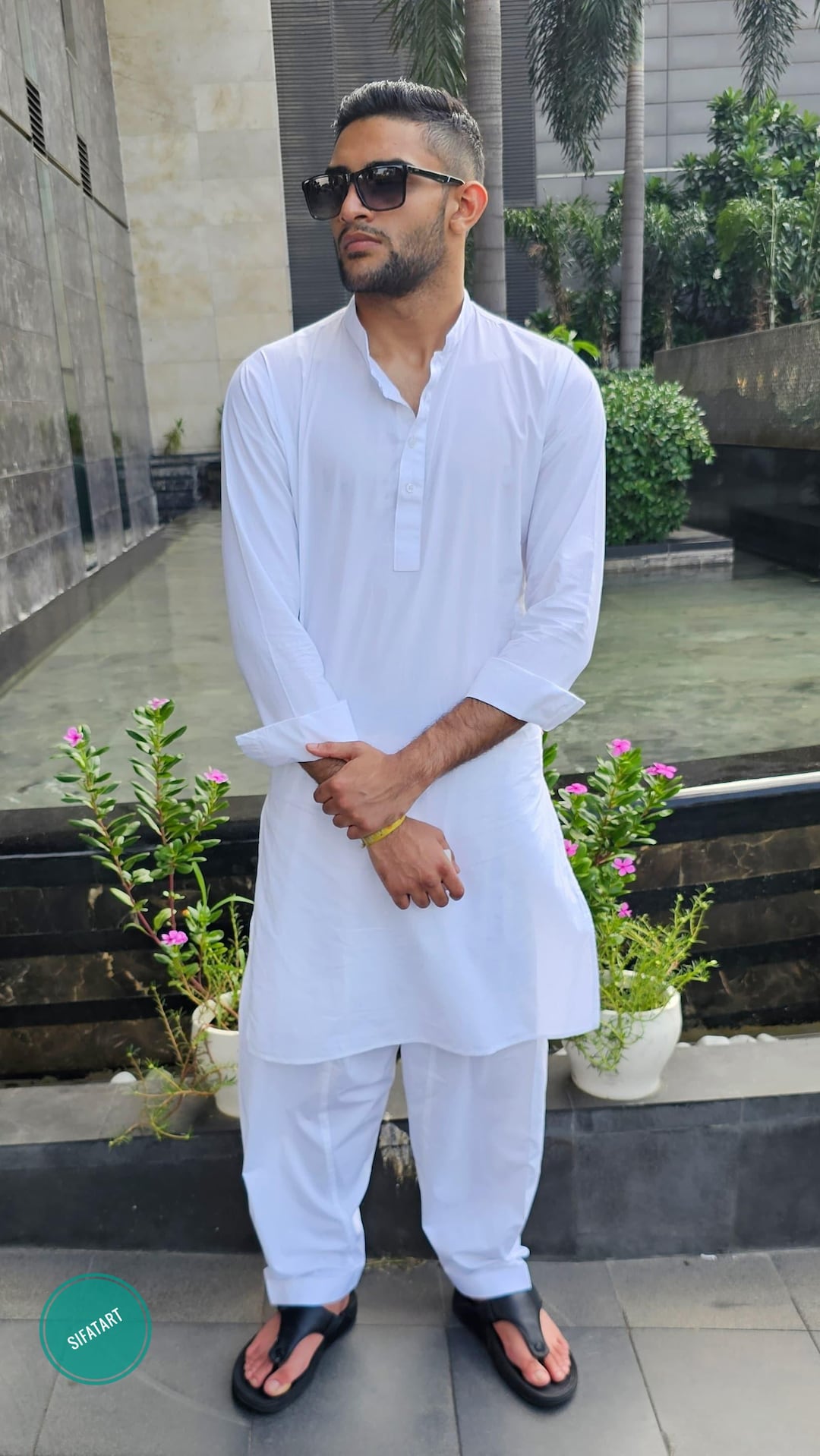 Men Peach-Coloured & White Printed Pure Cotton Straight Kurta With Pyjama main image 0