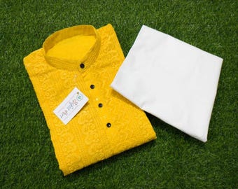 Men's Yellow Chikankari Kurta Set: Paisley Embroidered Ethnic Wear