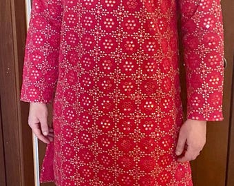 Pigiama Kurta Rani Pink Mirror Work: Chikankari ricamato