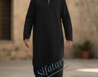 Black Linen Hooded Kaftan: Long Sleeve Thobe Robe with Pockets