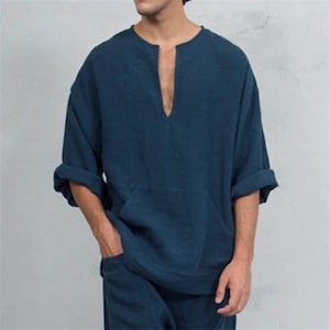 Men's Linen Shirt Summer Shirt Casual Shirt White Pink Dark Blue Long Sleeve Plain V Neck Spring & Summer Casual Daily Clothing