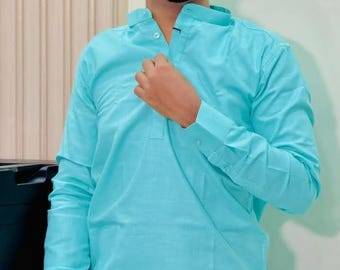 Kurta corto indiano in cotone fatto a mano - Abbigliamento da uomo blu cielo