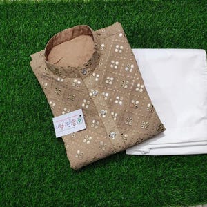 Chikankari Kurta Pajama Set: Beige Cotton Embroidered Mirror Work