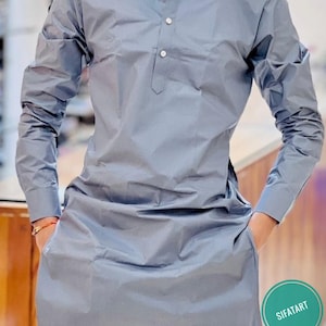 Kurta de boda india gris lisa, hecha a mano, 100 % algodón para hombre