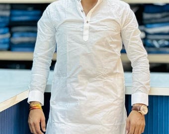 Handmade White Cotton Kurta: Indian Traditional Menswear
