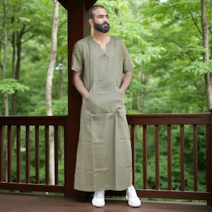 Men&#39;s Olive Green Linen Caftan: Relaxed Fit Ethnic Loungewear