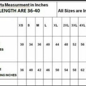Puede incluir: Una tabla de tallas para una kurta, una prenda tradicional india, con medidas en pulgadas para el tama&ntilde;o del pecho y el tama&ntilde;o del pecho de la camisa con ajuste holgado. La tabla incluye tallas desde XS hasta 7XL.
