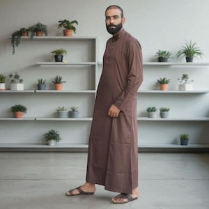 Brown Thobe | Arabic Dress | Men Cotton Summer Dress Slim Thobe | Islamic Clothing | Long Sleeve Jubba Thobe | Handmade Jubba Thobe
