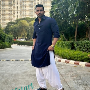 Handmade Navy Blue Cotton Shalwar Kameez: Men&#39;s Ethnic Outfit