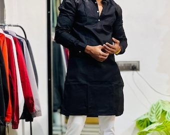 Kurta de algodón negro hecha a mano: camisa tradicional india para hombre