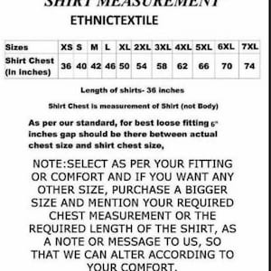 May include: Shirt size chart with measurements in inches for sizes XS to 7XL. The chart shows the shirt chest measurement for each size. The text states that the shirt chest measurement is for the shirt, not the body. It also notes that a 6-inch gap should be between the actual chest size and the shirt chest size for a loose fit. The chart also includes instructions for selecting the correct size and how to request custom sizing.