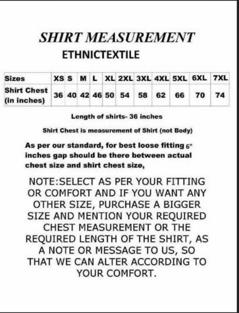 May include: Shirt size chart with measurements in inches for sizes XS to 7XL. The chart shows the shirt chest measurement for each size. The text states that the shirt chest measurement is for the shirt, not the body. It also notes that a 6-inch gap should be between the actual chest size and the shirt chest size for a loose fit. The chart also includes instructions for selecting the correct size and how to request custom sizing.