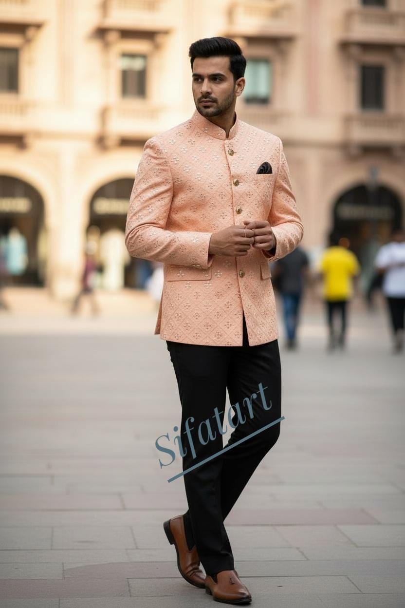 Men's Pich Color Jodhpuri Waistcoat - Custom Made Bandhgala Nehru