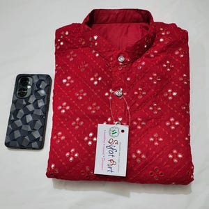 Red Cotton Chikankari Kurta Pajama Set: Men&#39;s Bollywood Style