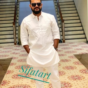 Men&#39;s White Cotton Kurta Pajama Set: Pathani Outfit
