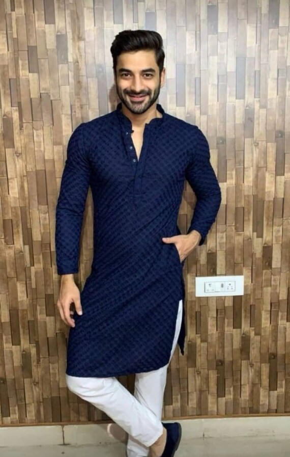 Men s Kurta Chicken Embroidery Work Kurta Pajama Set Cotton