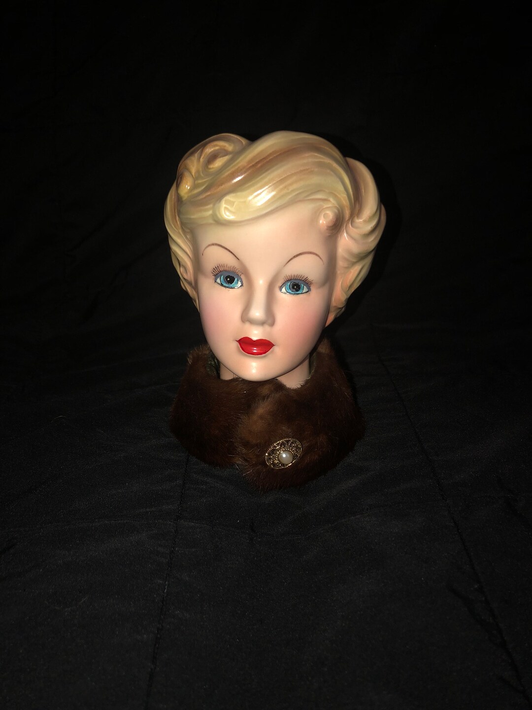 Vintage Enesco Lady Head Vase With Fur Collar Etsy