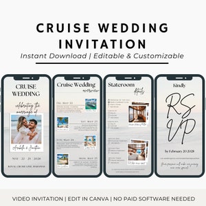 May include: A digital invitation for a cruise wedding. The invitation features a photo of the couple, the wedding date, and the cruise line. The invitation also includes details about the cruise, such as the ship, the itinerary, and the stateroom.