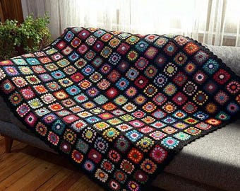 Crochet Roseanne Blanket, Crochet Throw, Granny Square Blanket, Boho Throw, Retro Granny Square Blanket, Christmas Gift, Gift for Her